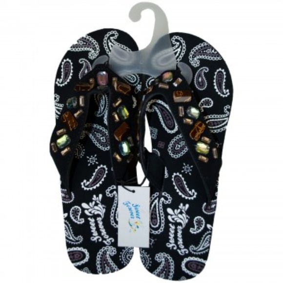 Black Wedge Flip Flop Sandals with Embellishments NEW - Picture 1 of 8